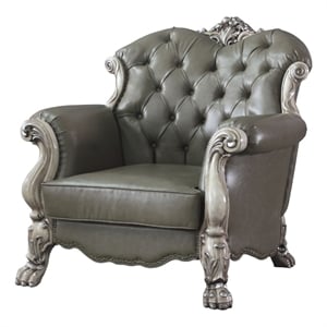 Benjara Traditional Leatherette Chair with Button Tufted and Carved Details-Gray