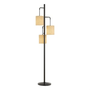 Benjara 3 Light Lantern Design Metal Floor Lamp with Fabric Shades-Black & Beige
