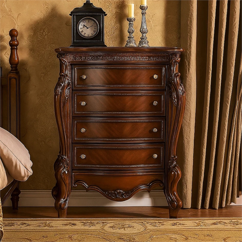 Benjara 5 Drawer Wooden Chest with Oversized Scroll Legs- Cherry Brown