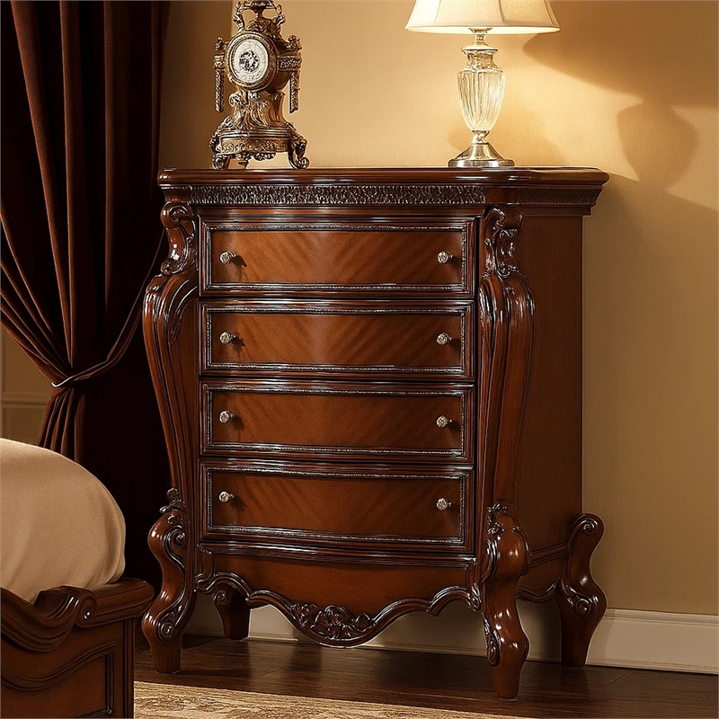 Benjara 5 Drawer Wooden Chest with Oversized Scroll Legs- Cherry Brown