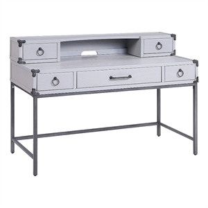Benjara 5 Drawer Wooden Desk and Hutch with Ring Pulls- Gray