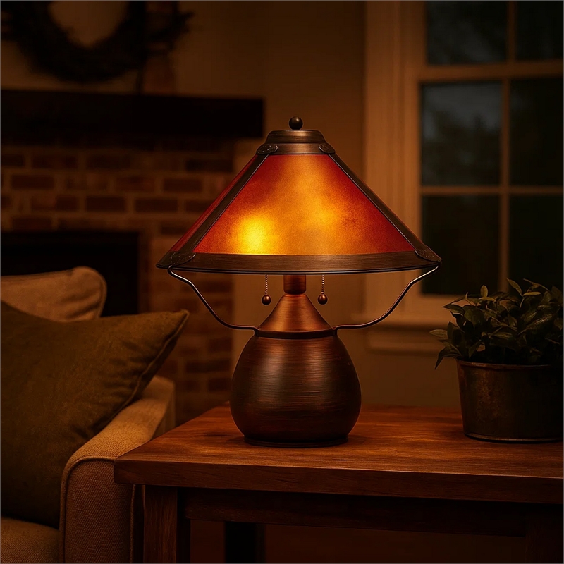 Benjara Pot Bellied Metal Body Table Lamp with Conical Mica Shade- Bronze