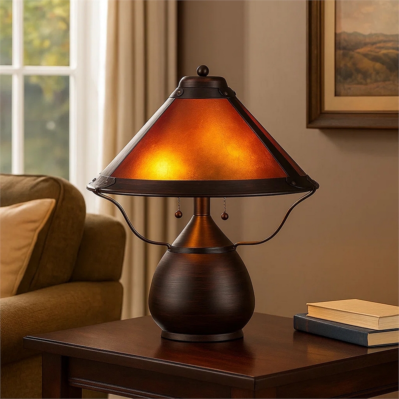 Benjara Pot Bellied Metal Body Table Lamp with Conical Mica Shade- Bronze