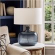 Benjara Glass Body Table Lamp with Drum Shade and Bubble Design- Blue and White