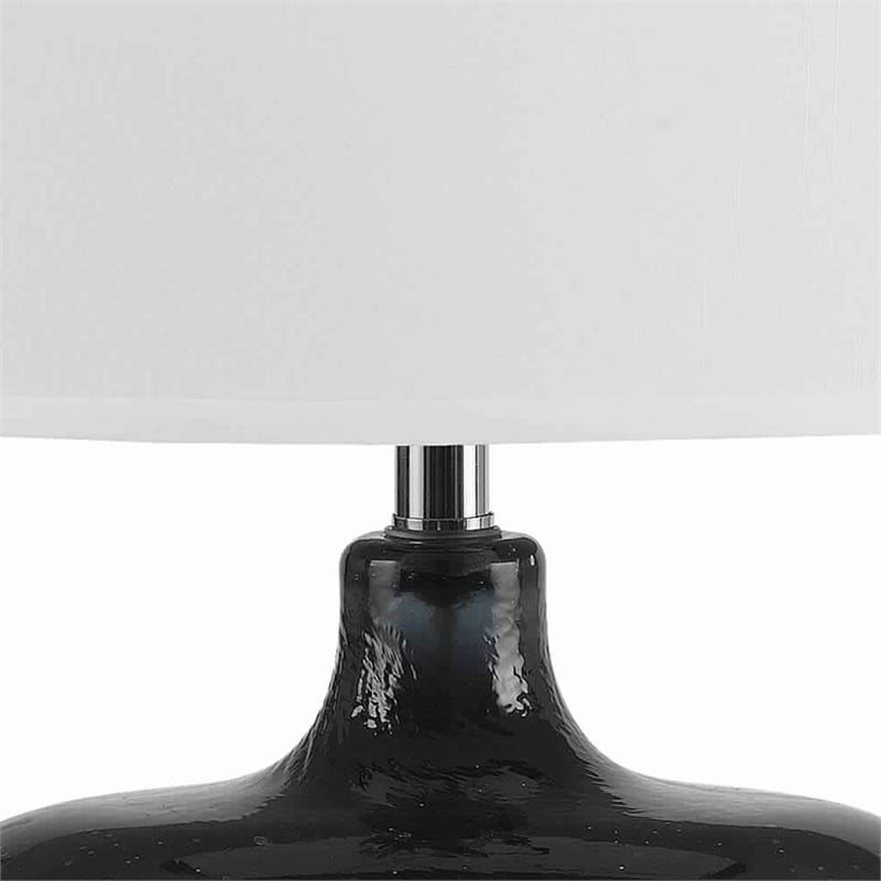 Benjara Glass Body Table Lamp with Drum Shade and Bubble Design- Blue and White