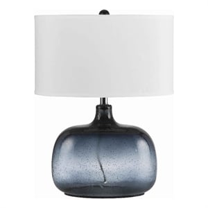Benjara Glass Body Table Lamp with Drum Shade and Bubble Design- Blue and White