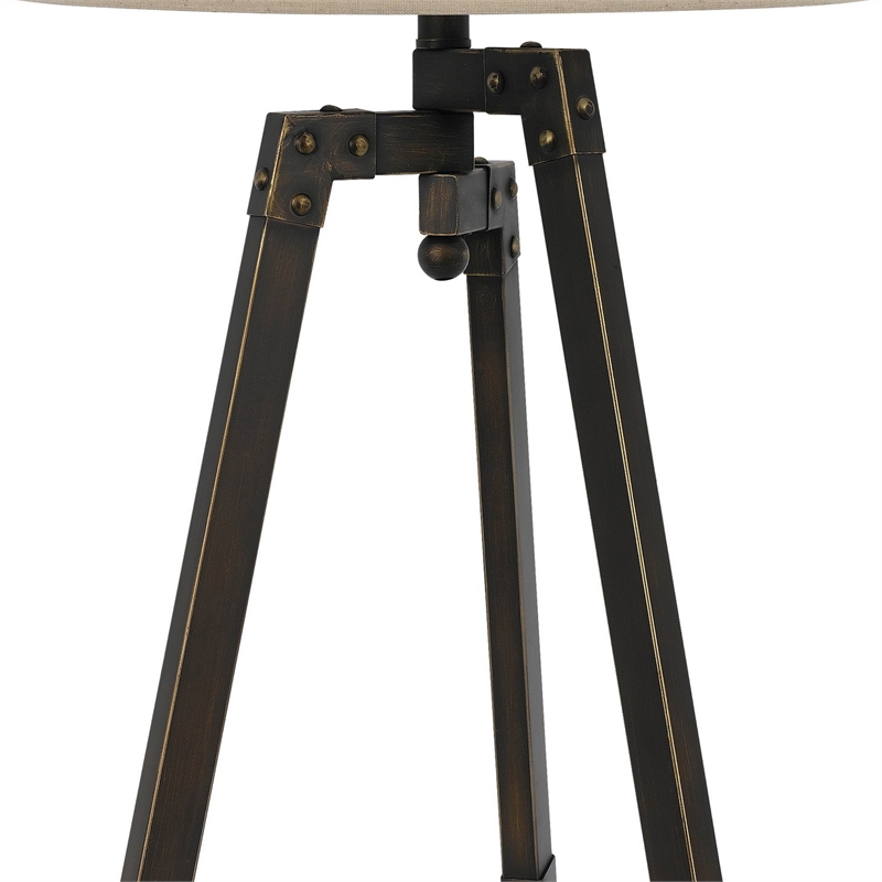 Benjara Metal Tripod Base Table Lamp with Fabric Drum Shade- Bronze and Beige