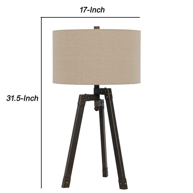 Benjara Metal Tripod Base Table Lamp with Fabric Drum Shade- Bronze and Beige