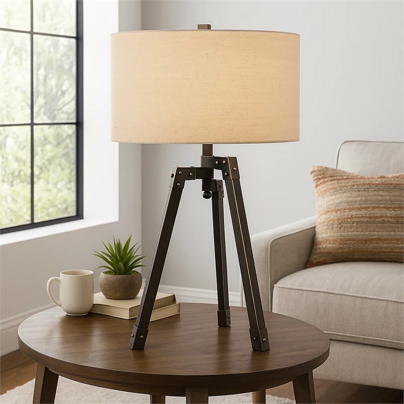Benjara Metal Tripod Base Table Lamp with Fabric Drum Shade- Bronze and Beige