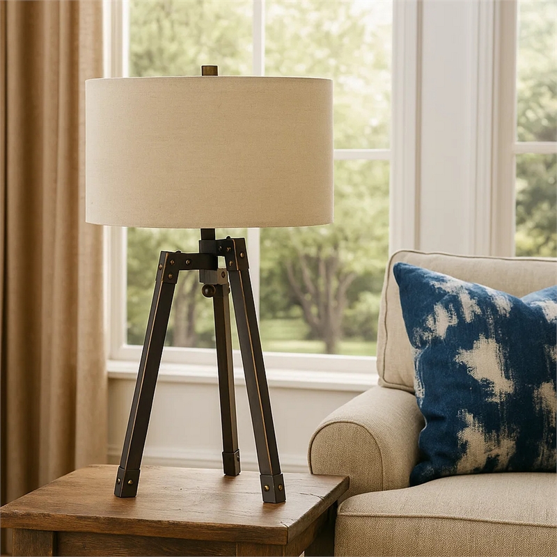Benjara Metal Tripod Base Table Lamp with Fabric Drum Shade- Bronze and Beige