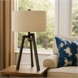 Benjara Metal Tripod Base Table Lamp with Fabric Drum Shade- Bronze and Beige
