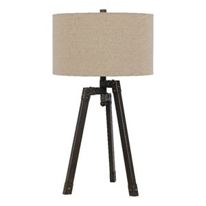 Benjara Metal Tripod Base Table Lamp with Fabric Drum Shade- Bronze and Beige