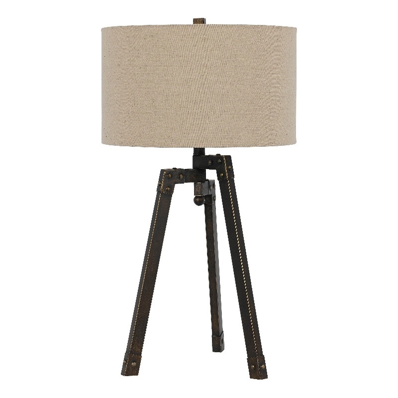Benjara Metal Tripod Base Table Lamp with Fabric Drum Shade- Bronze and Beige