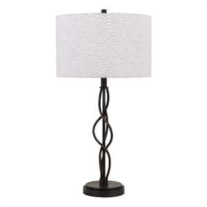Benjara Round Fabric Shade Table Lamp- Metal Spiral Base- White/Textured Bronze