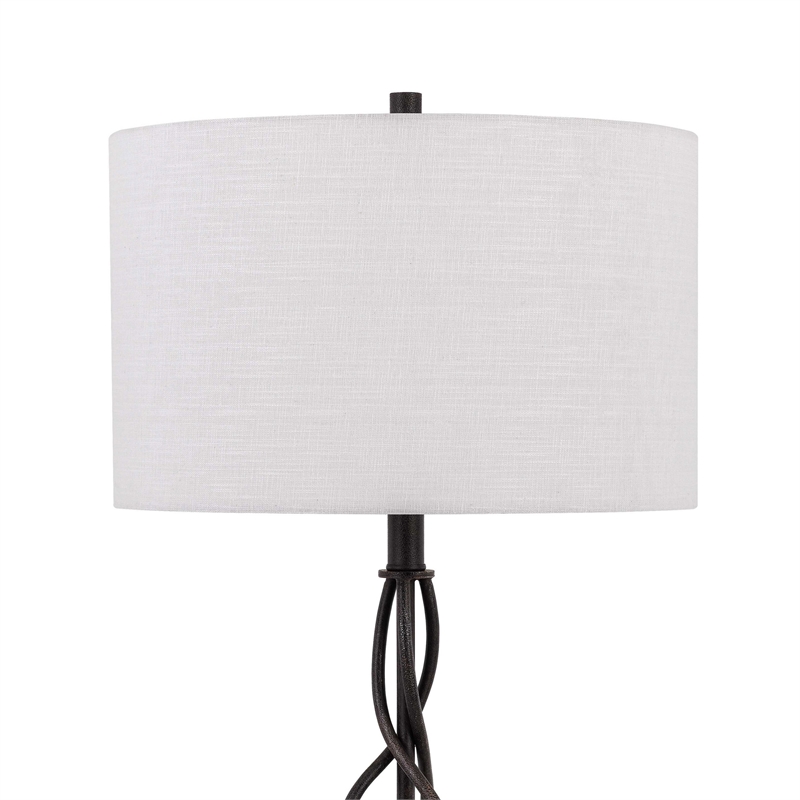 Benjara Round Fabric Shade Table Lamp- Metal Spiral Base- White/Textured Bronze