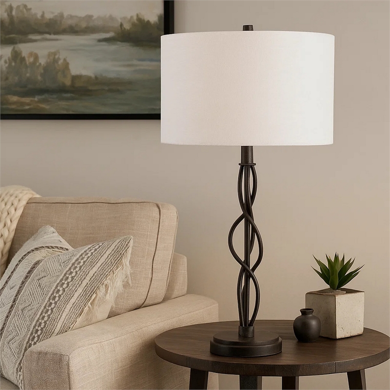 Benjara Round Fabric Shade Table Lamp- Metal Spiral Base- White/Textured Bronze
