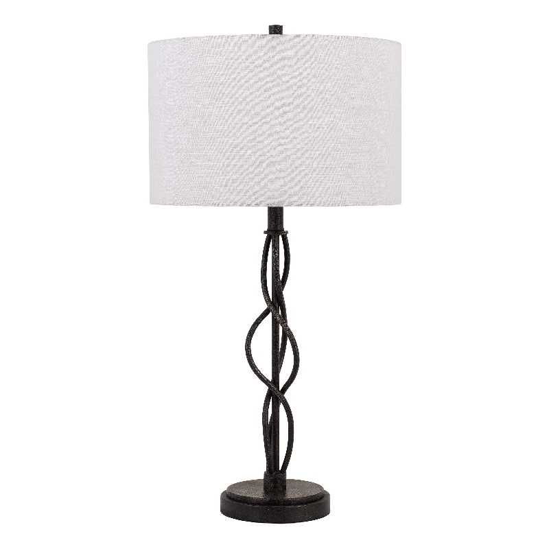Benjara Round Fabric Shade Table Lamp- Metal Spiral Base- White/Textured Bronze