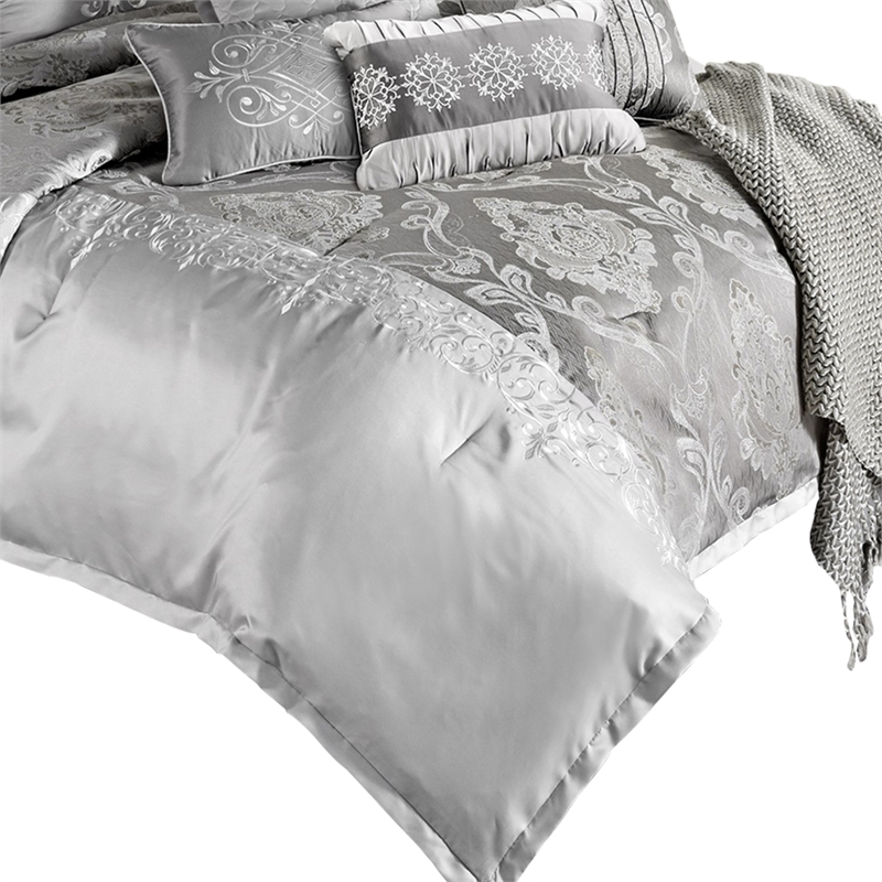 Benjara 12 Piece King Comforter Set with Medallion Print- Platinum Gray