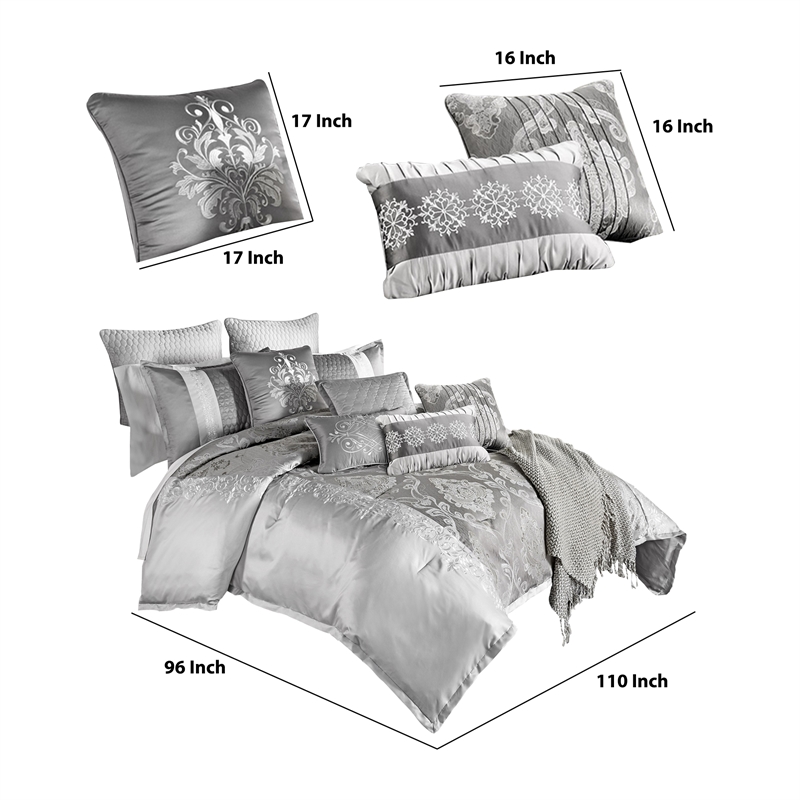 Benjara 12 Piece King Comforter Set with Medallion Print- Platinum Gray