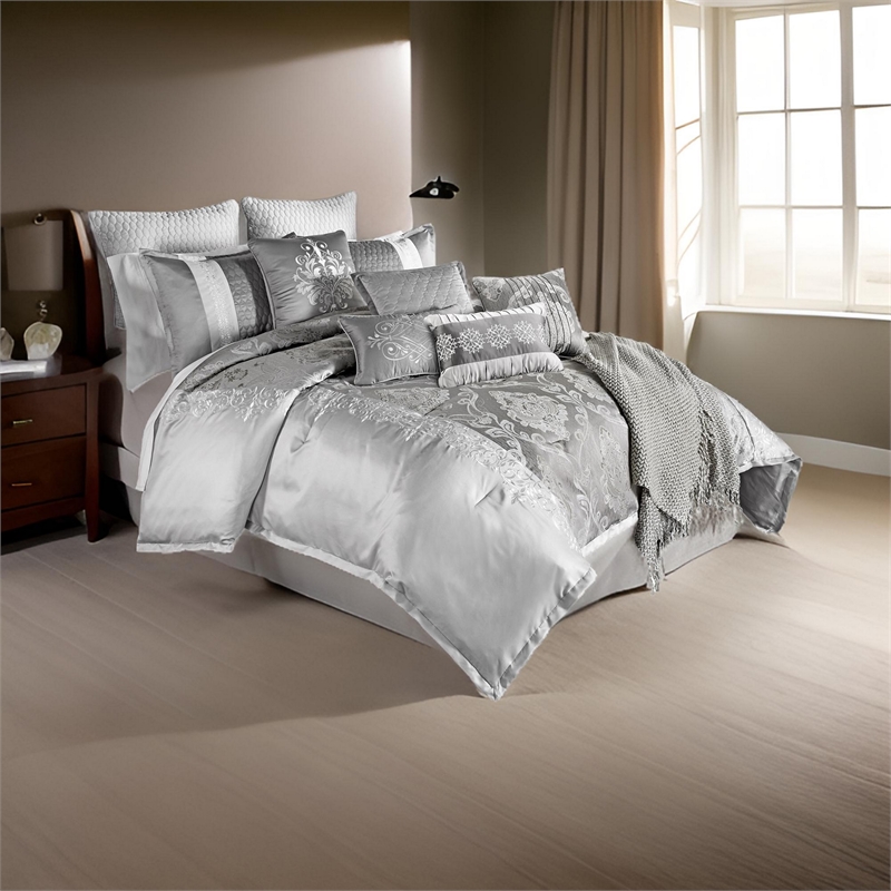 Benjara 12 Piece King Comforter Set with Medallion Print- Platinum Gray