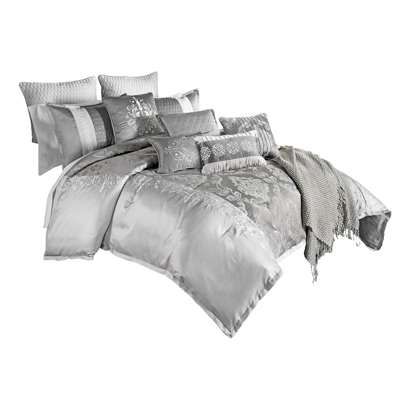 Benjara 12 Piece King Comforter Set with Medallion Print- Platinum Gray