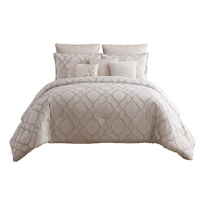 Benjara 10 Piece King Size Fabric Comforter Set with Quatrefoil Prints- White