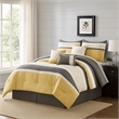 Benjara Quatrefoil Print King Size 7 Piece Fabric Comforter Set- Yellow and Gray