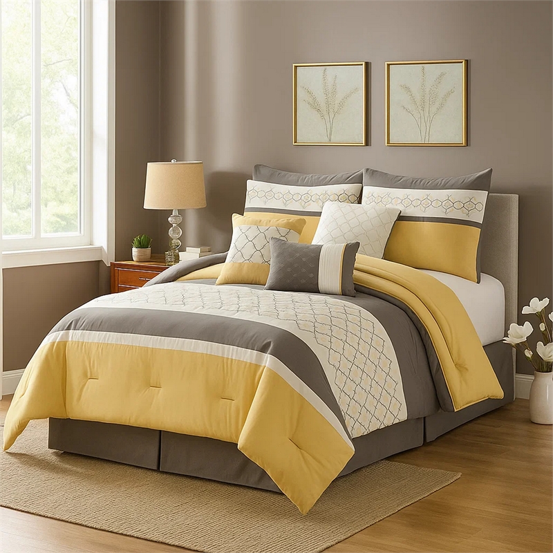 Benjara Quatrefoil Print King Size 7 Piece Fabric Comforter Set- Yellow and Gray
