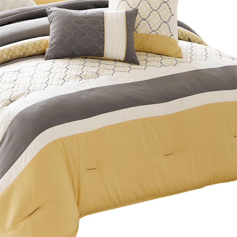 Benjara Quatrefoil Print Queen Size 7 Piece Fabric Comforter Set- Yellow & Gray