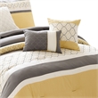 Benjara Quatrefoil Print Queen Size 7 Piece Fabric Comforter Set- Yellow & Gray
