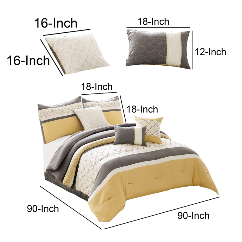 Benjara Quatrefoil Print Queen Size 7 Piece Fabric Comforter Set- Yellow & Gray
