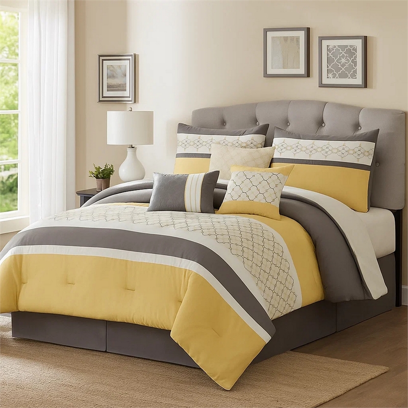 Benjara Quatrefoil Print Queen Size 7 Piece Fabric Comforter Set- Yellow & Gray