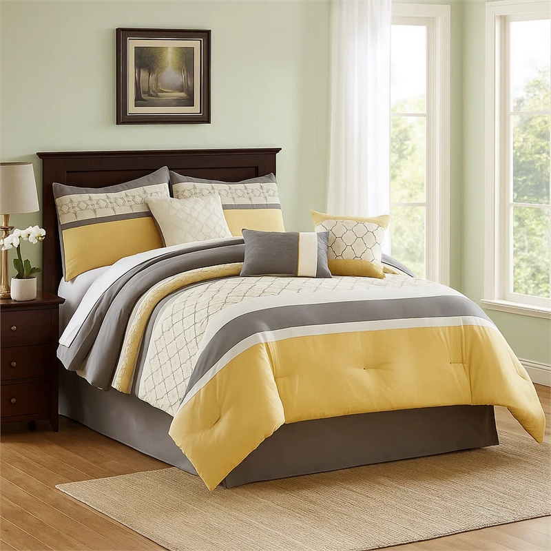 Benjara Quatrefoil Print Queen Size 7 Piece Fabric Comforter Set- Yellow & Gray