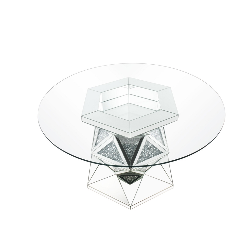 Benjara Round Dining Table with Faux Crystals Inlay and Pedestal Base- Silver