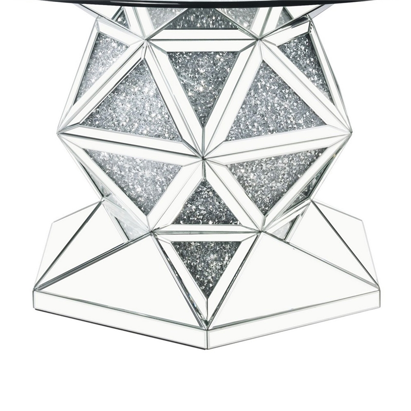 Benjara Round Dining Table with Faux Crystals Inlay and Pedestal Base- Silver