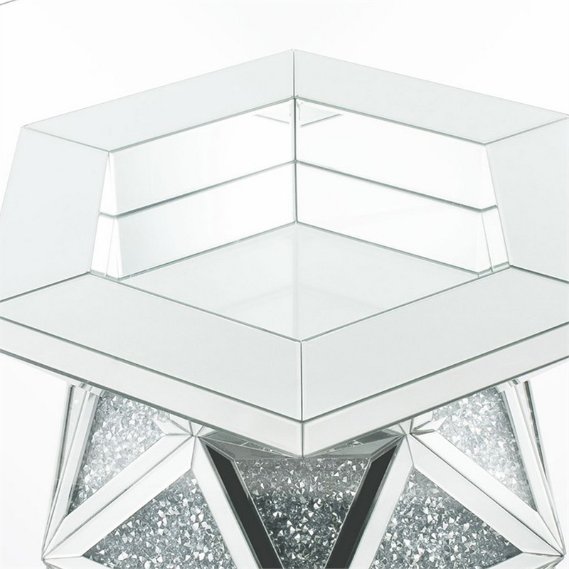 Benjara Round Dining Table with Faux Crystals Inlay and Pedestal Base- Silver