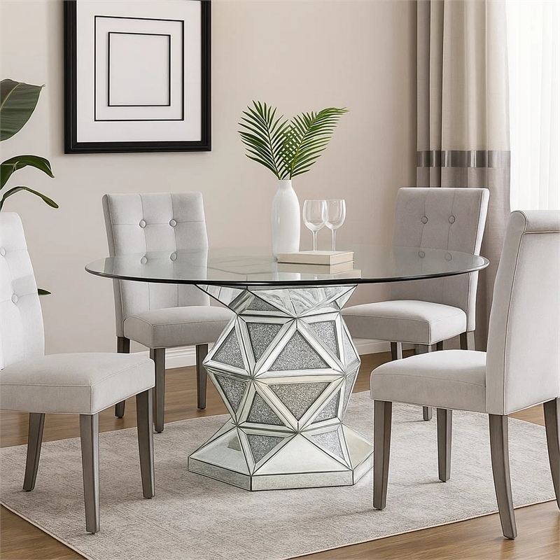 Benjara Round Dining Table with Faux Crystals Inlay and Pedestal Base- Silver