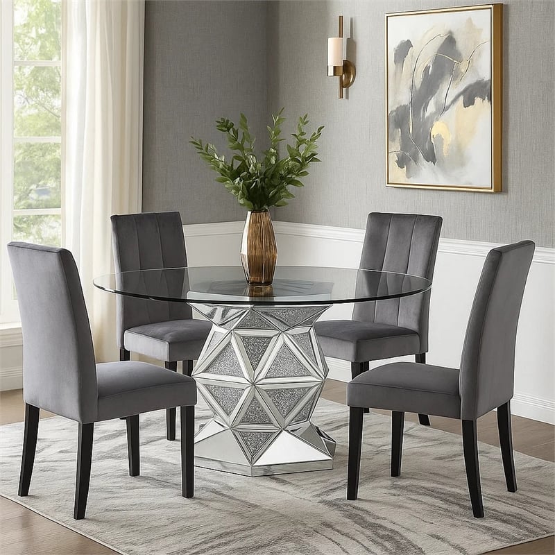 Benjara Round Dining Table with Faux Crystals Inlay and Pedestal Base- Silver