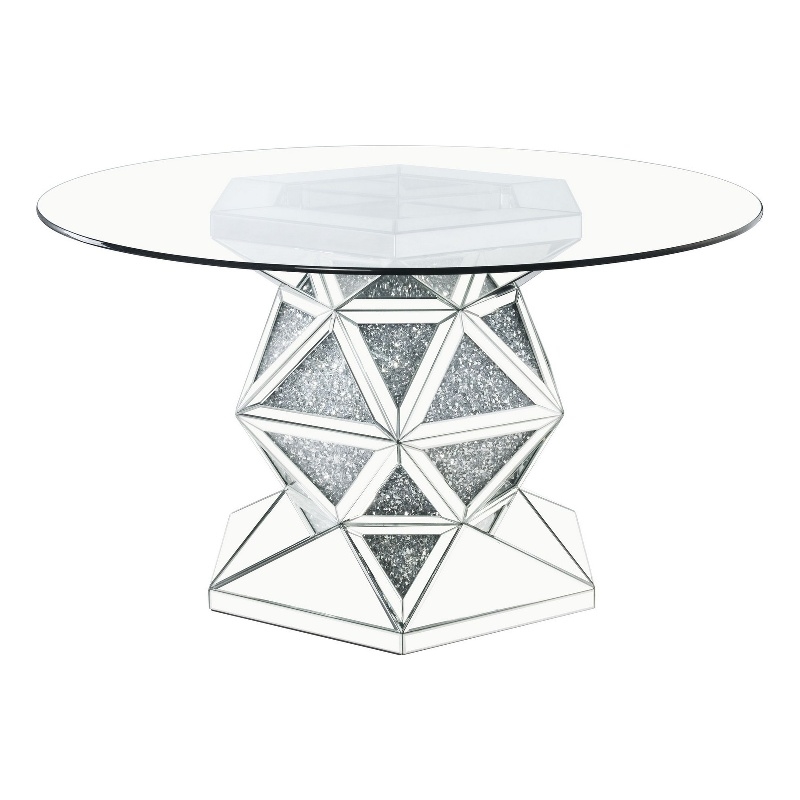 Benjara Round Dining Table with Faux Crystals Inlay and Pedestal Base- Silver