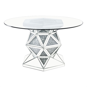 Benjara Round Dining Table with Faux Crystals Inlay and Pedestal Base- Silver