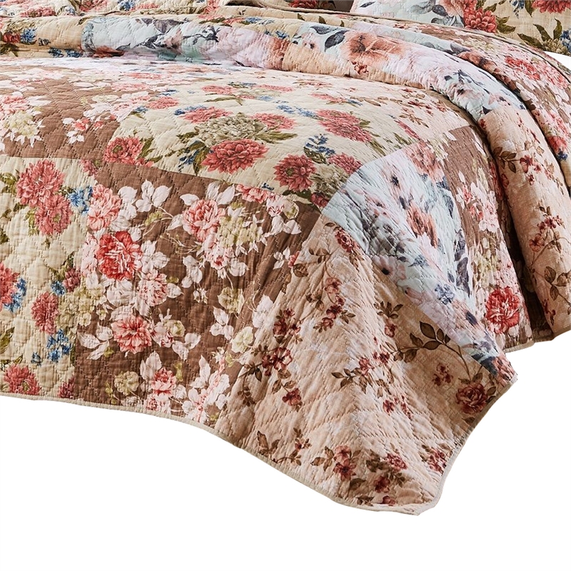Benjara Rome 3 Piece Microfiber Reversible Print Queen Quilt Set-Multicolor