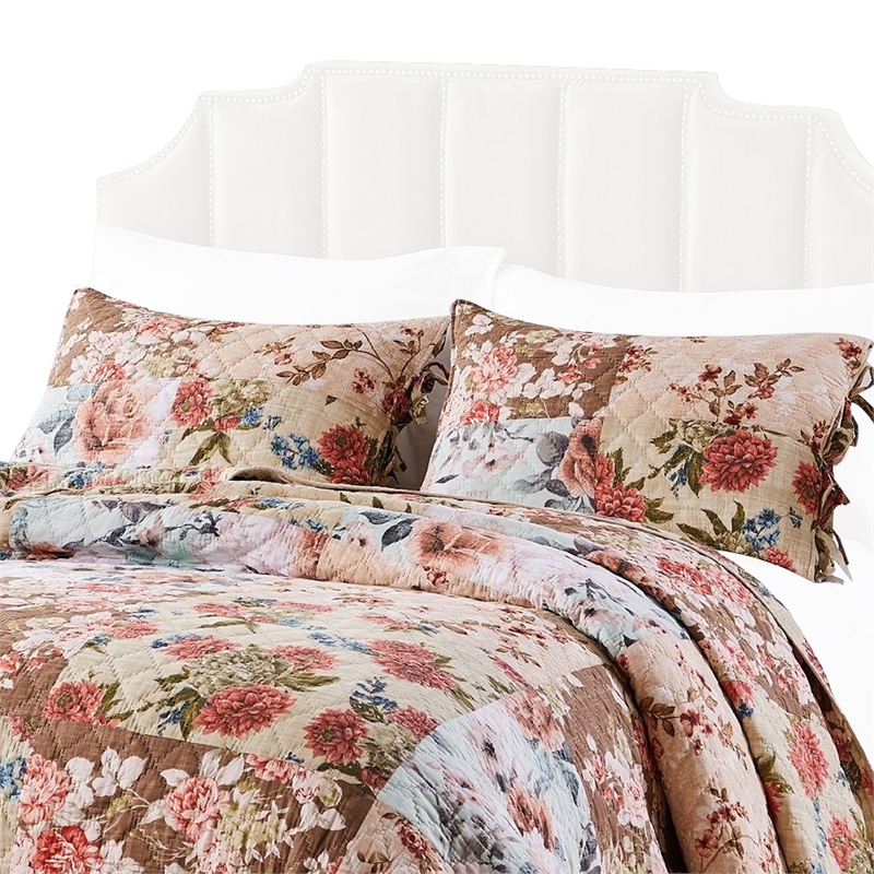 Benjara Rome 3 Piece Microfiber Reversible Print Queen Quilt Set-Multicolor