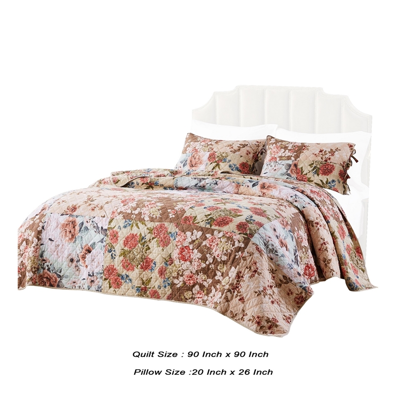 Benjara Rome 3 Piece Microfiber Reversible Print Queen Quilt Set-Multicolor