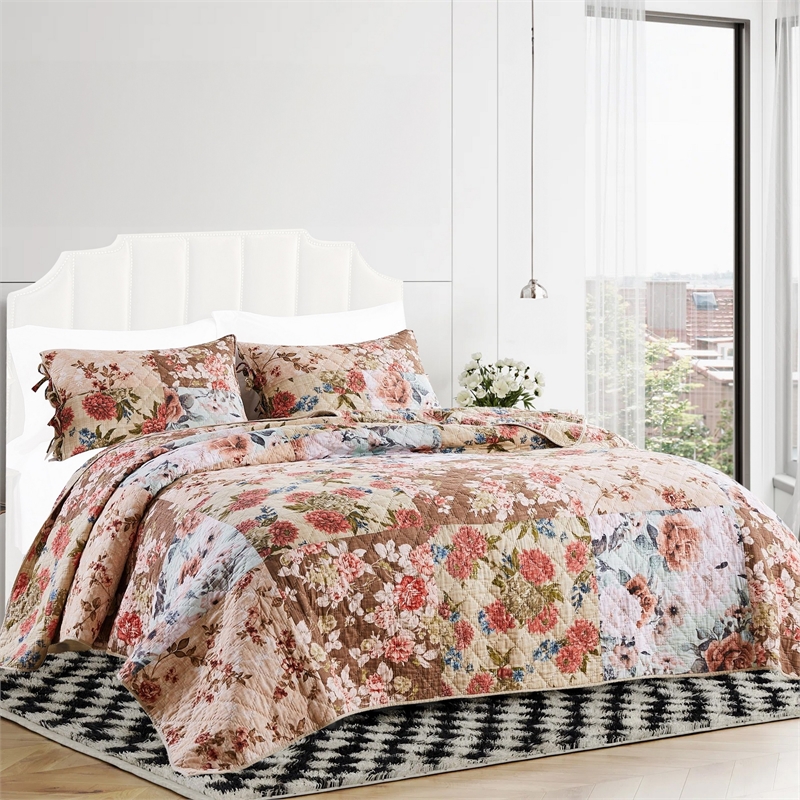 Benjara Rome 3 Piece Microfiber Reversible Print Queen Quilt Set-Multicolor