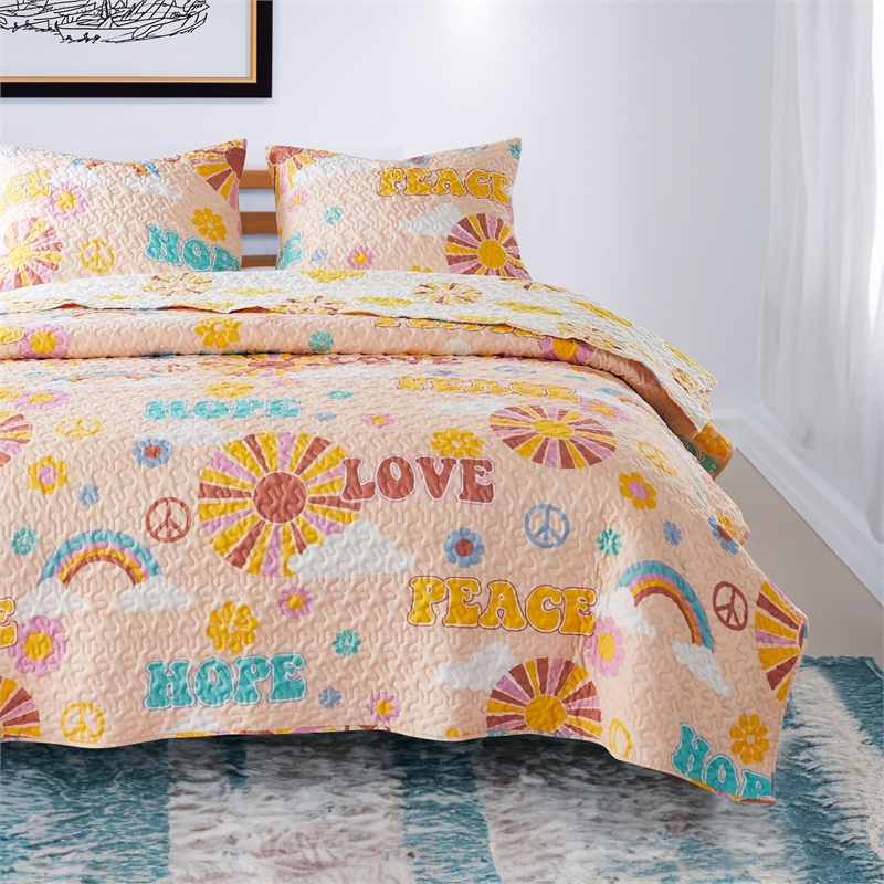 Benjara Berlin 2 Piece Microfiber Rainbows & Clouds Print Twin Quilt Set- Beige