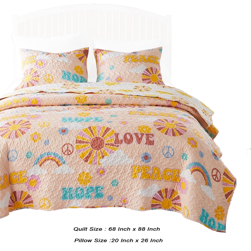 Benjara Berlin 2 Piece Microfiber Rainbows & Clouds Print Twin Quilt Set- Beige