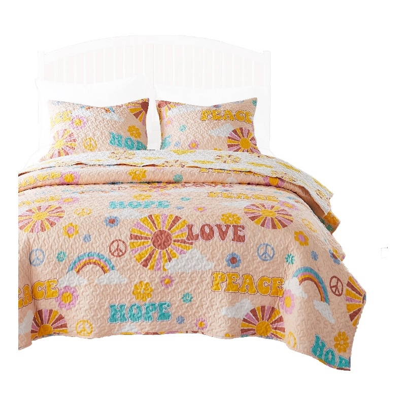 Benjara Berlin 2 Piece Microfiber Rainbows & Clouds Print Twin Quilt Set- Beige