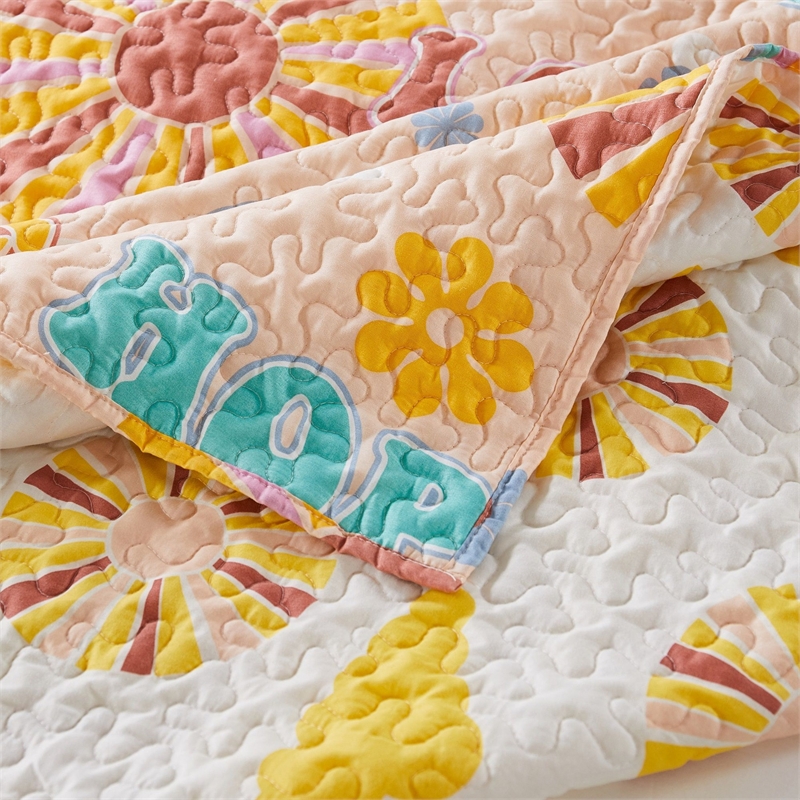 Benjara Berlin 2 Piece Microfiber Rainbows & Clouds Print Twin Quilt Set- Beige