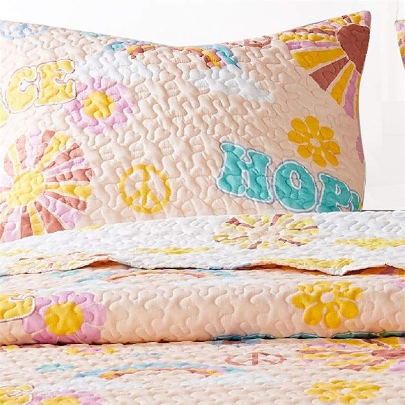 Benjara Berlin 2 Piece Microfiber Rainbows & Clouds Print Twin Quilt Set- Beige
