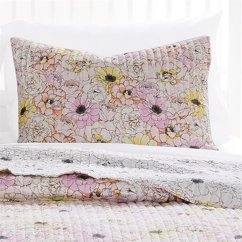 Benjara Milan 3 PC Blooming Flower Pattern Queen Quilt Set- White & Pink